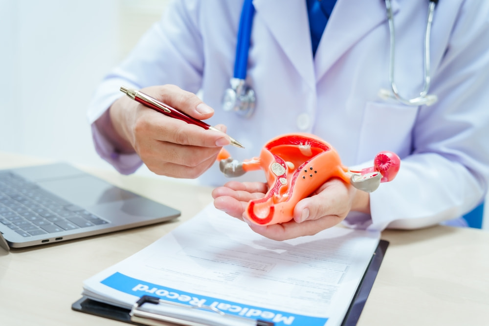 Médico apontando com caneta para objeto que representa um mioma